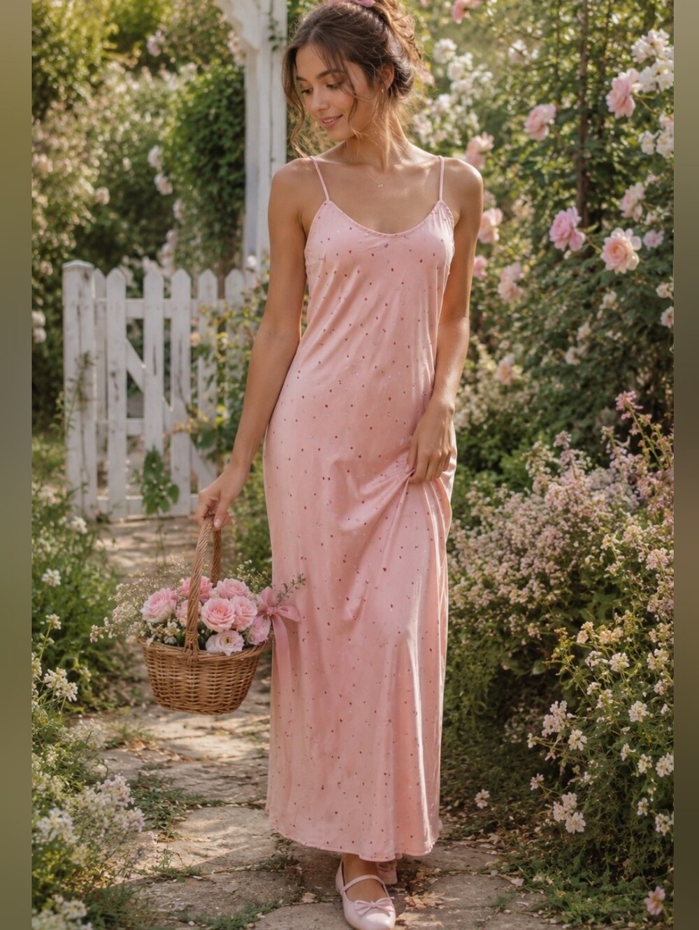 Free People Dusty Rose Heart Print Satin Slip Coqutte Dress Size Small